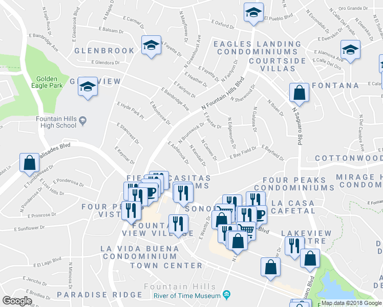 map of restaurants, bars, coffee shops, grocery stores, and more near 14016 North Kendall Drive in Fountain Hills