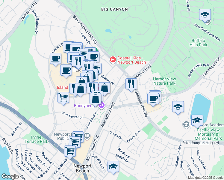 map of restaurants, bars, coffee shops, grocery stores, and more near 1441 Avocado Avenue in Newport Beach