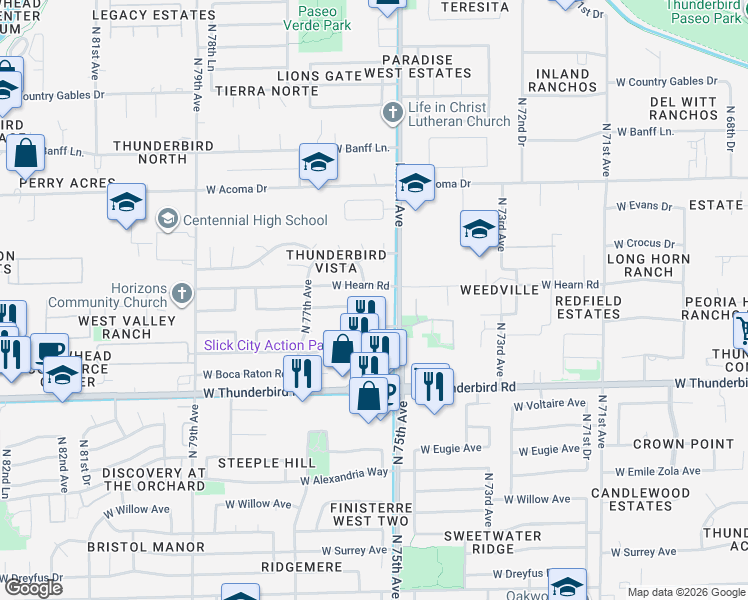 map of restaurants, bars, coffee shops, grocery stores, and more near 7532 West Redfield Road in Peoria
