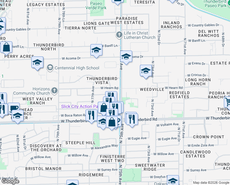 map of restaurants, bars, coffee shops, grocery stores, and more near 7532 West Redfield Road in Peoria