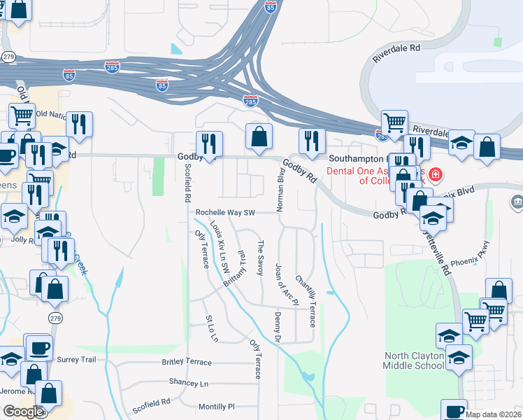 map of restaurants, bars, coffee shops, grocery stores, and more near 2131 Rochelle Way in College Park