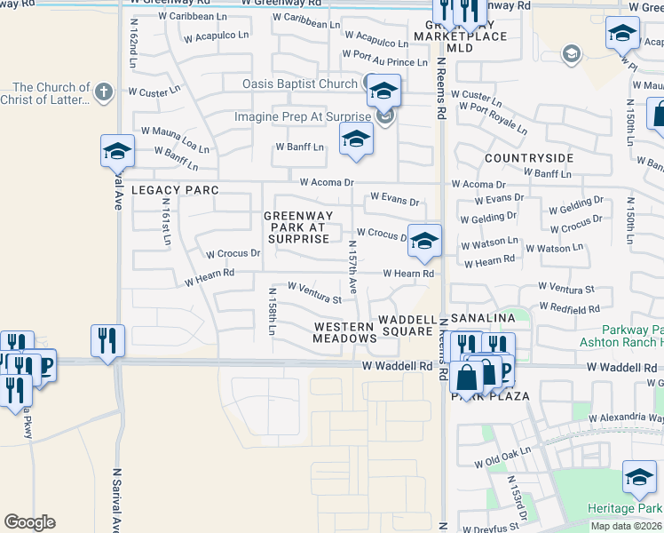 map of restaurants, bars, coffee shops, grocery stores, and more near 15749 West Watson Lane in Surprise