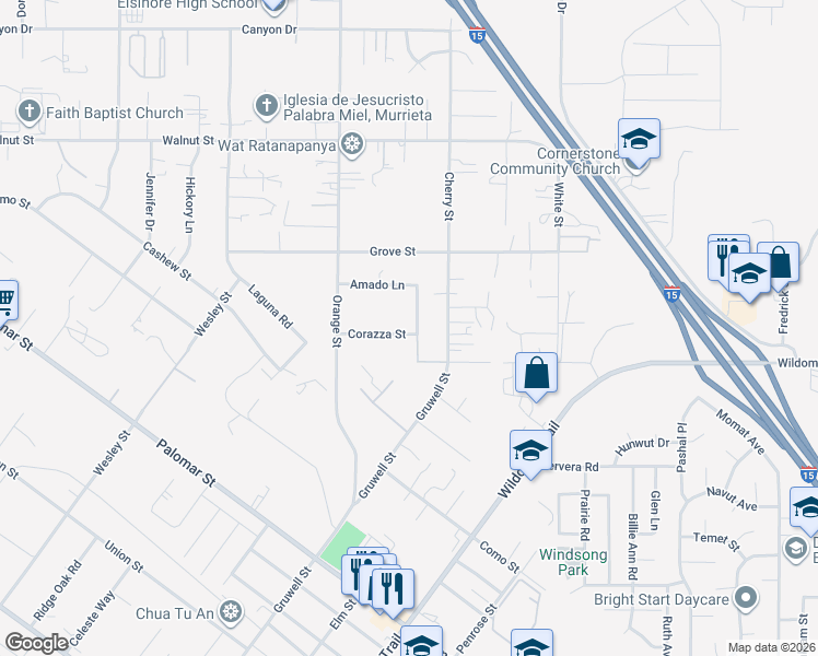 map of restaurants, bars, coffee shops, grocery stores, and more near 34925 Cameron Lane in Wildomar