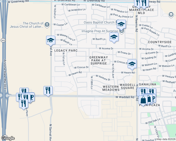 map of restaurants, bars, coffee shops, grocery stores, and more near 15902 West Hearn Road in Surprise