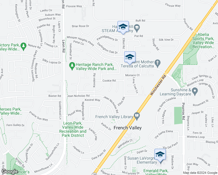map of restaurants, bars, coffee shops, grocery stores, and more near 34929 Sage Canyon Court in Winchester