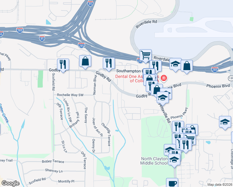 map of restaurants, bars, coffee shops, grocery stores, and more near 5179 Hanover Street in Atlanta