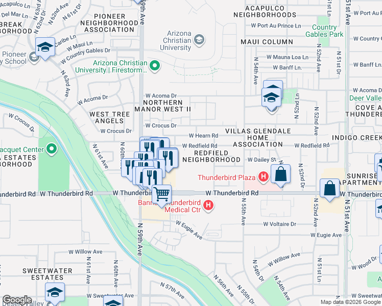 map of restaurants, bars, coffee shops, grocery stores, and more near 5711 West Redfield Road in Glendale