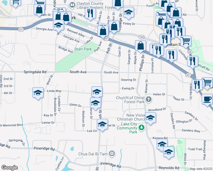 map of restaurants, bars, coffee shops, grocery stores, and more near 5160 Ash Street in Forest Park