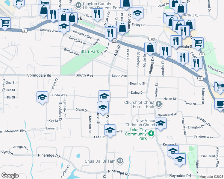 map of restaurants, bars, coffee shops, grocery stores, and more near 5160 Ash Street in Forest Park