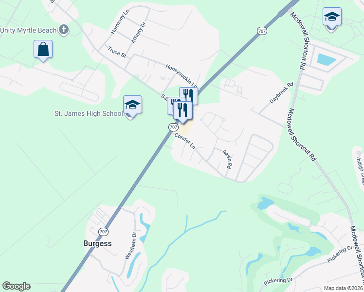 map of restaurants, bars, coffee shops, grocery stores, and more near 8010 Cone Court in Myrtle Beach