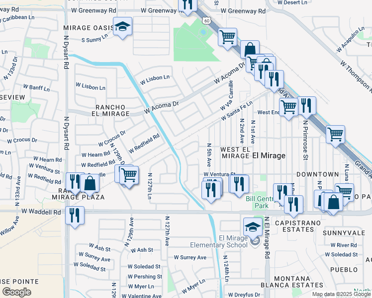 map of restaurants, bars, coffee shops, grocery stores, and more near 12533 West Santa Fe Lane in El Mirage