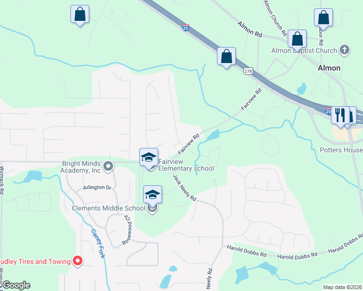 map of restaurants, bars, coffee shops, grocery stores, and more near 15 Fairclift Circle in Covington