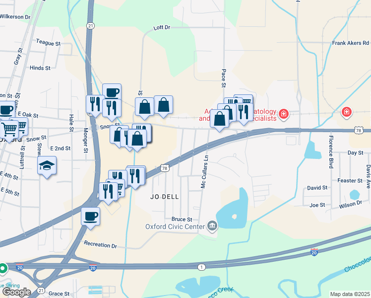 map of restaurants, bars, coffee shops, grocery stores, and more near 1005 Hamric Drive East in Oxford