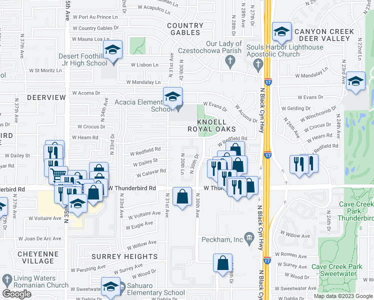 map of restaurants, bars, coffee shops, grocery stores, and more near 3025 W Redfield Rd in Phoenix