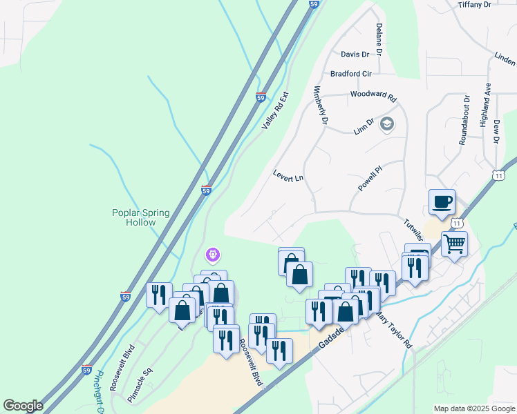 map of restaurants, bars, coffee shops, grocery stores, and more near 466 Woodward Road in Trussville
