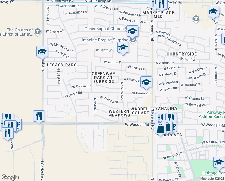 map of restaurants, bars, coffee shops, grocery stores, and more near 15749 West Watson Lane in Surprise