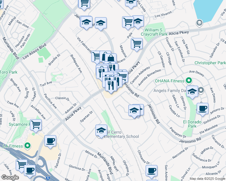 map of restaurants, bars, coffee shops, grocery stores, and more near 24012 Alicia Parkway in Mission Viejo