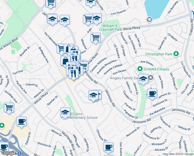 map of restaurants, bars, coffee shops, grocery stores, and more near 24021 Calle Estilo in Mission Viejo