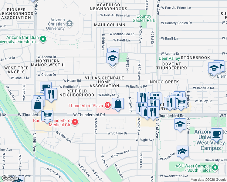 map of restaurants, bars, coffee shops, grocery stores, and more near 14013 North 53rd Drive in Glendale