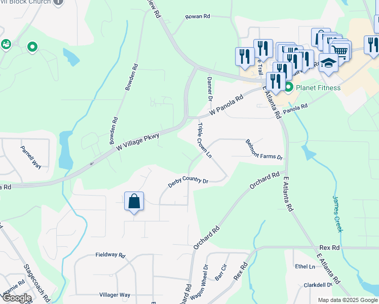 map of restaurants, bars, coffee shops, grocery stores, and more near 10 Canyon Cove in Ellenwood