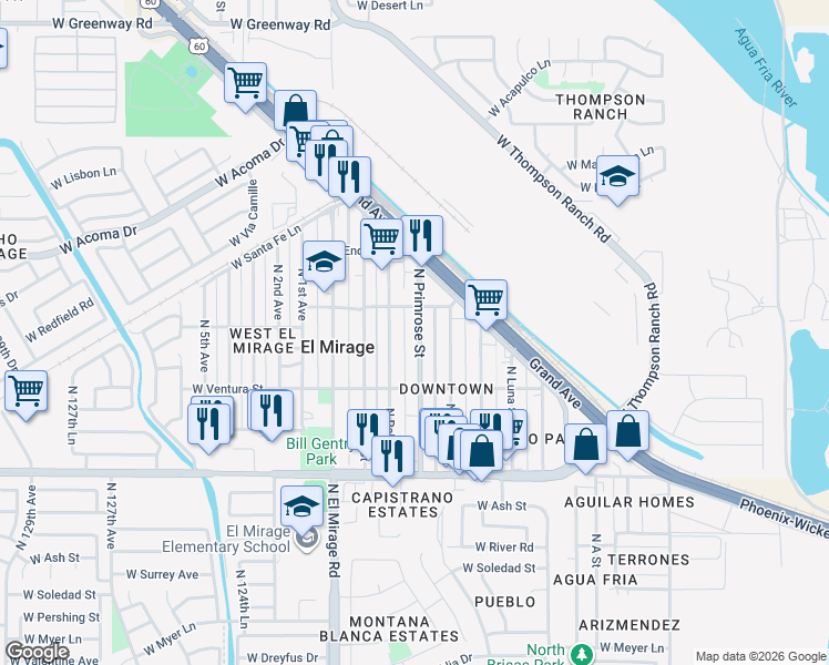 map of restaurants, bars, coffee shops, grocery stores, and more near 14306 North Primrose Street in El Mirage