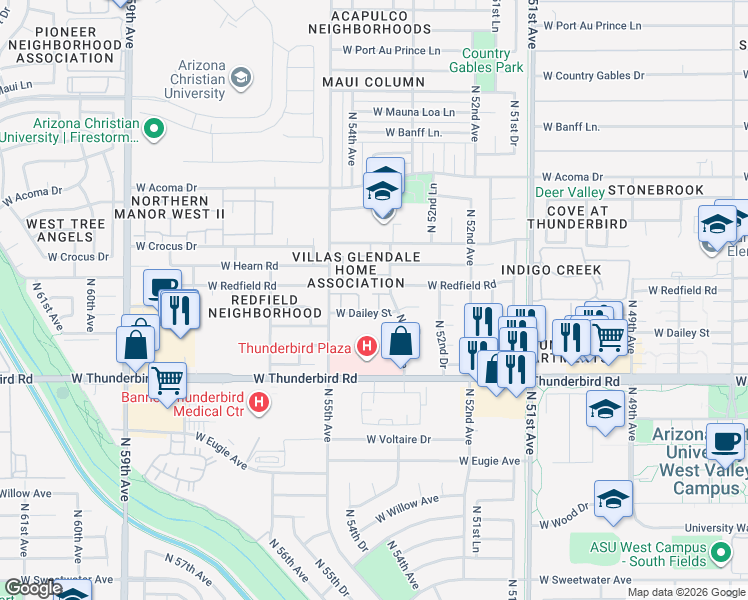 map of restaurants, bars, coffee shops, grocery stores, and more near 14013 North 53rd Drive in Glendale