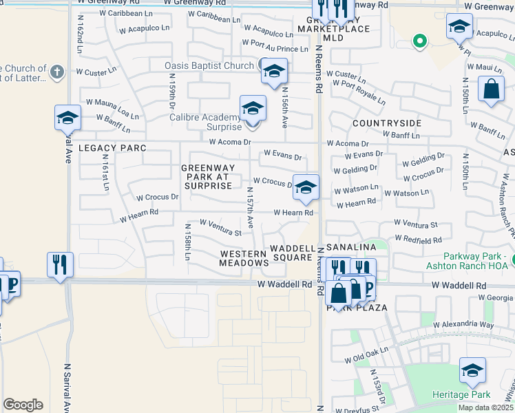 map of restaurants, bars, coffee shops, grocery stores, and more near 15651 West Watson Lane in Surprise