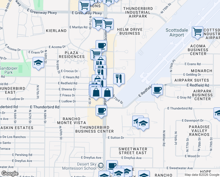 map of restaurants, bars, coffee shops, grocery stores, and more near 13951 North Scottsdale Road in Scottsdale
