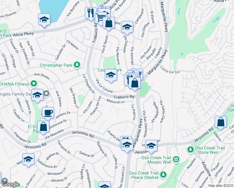 map of restaurants, bars, coffee shops, grocery stores, and more near 24055 Via La Coruna in Mission Viejo