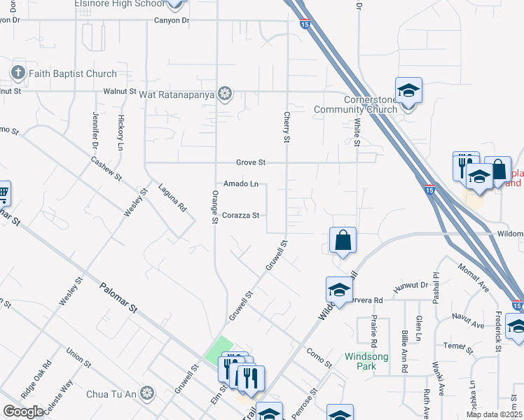 map of restaurants, bars, coffee shops, grocery stores, and more near 34925 Cameron Lane in Wildomar
