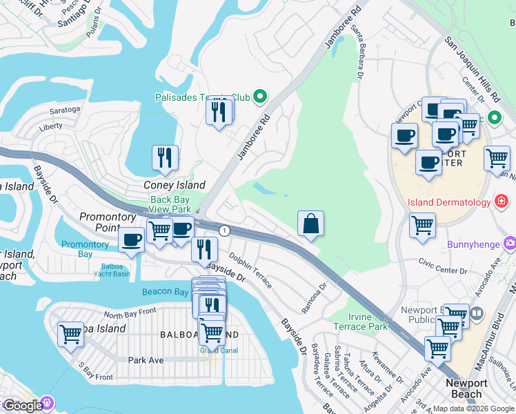 map of restaurants, bars, coffee shops, grocery stores, and more near 302 Villa Point Drive in Newport Beach