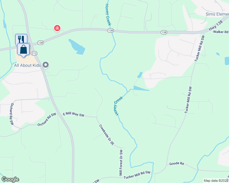 map of restaurants, bars, coffee shops, grocery stores, and more near 3288 Creekside Drive Southeast in Conyers