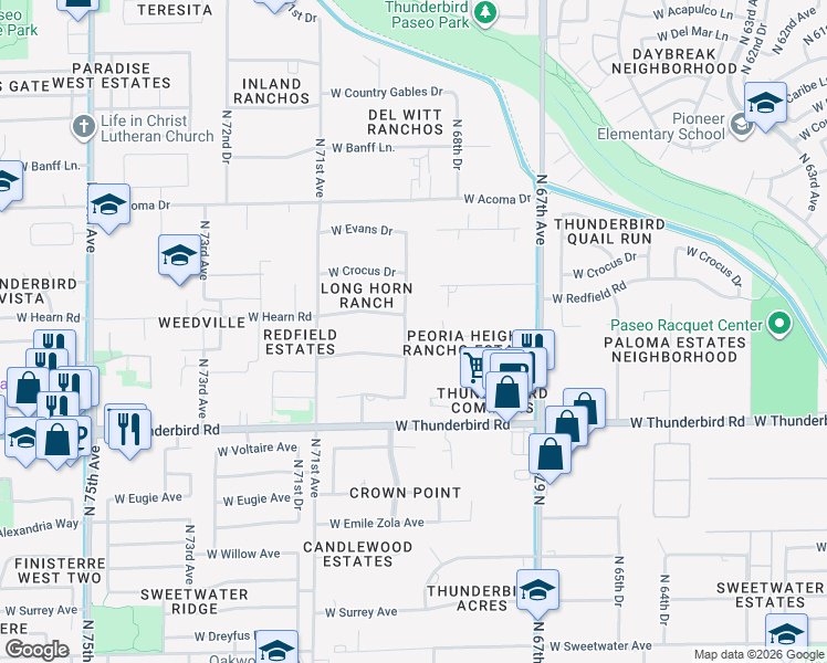 map of restaurants, bars, coffee shops, grocery stores, and more near 14109 North 69th Drive in Peoria