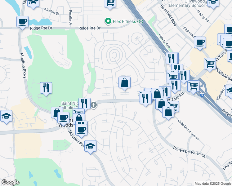 map of restaurants, bars, coffee shops, grocery stores, and more near 2037 Via Mariposa East in Laguna Woods