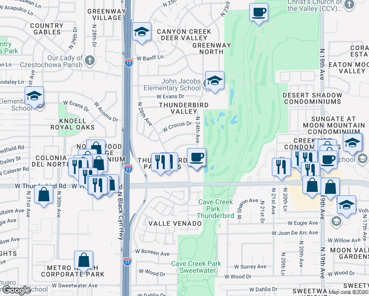 map of restaurants, bars, coffee shops, grocery stores, and more near 2425 West Redfield Road in Phoenix