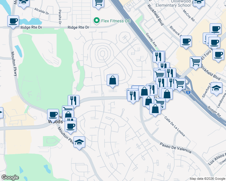 map of restaurants, bars, coffee shops, grocery stores, and more near 2022 Via Mariposa East in Laguna Woods
