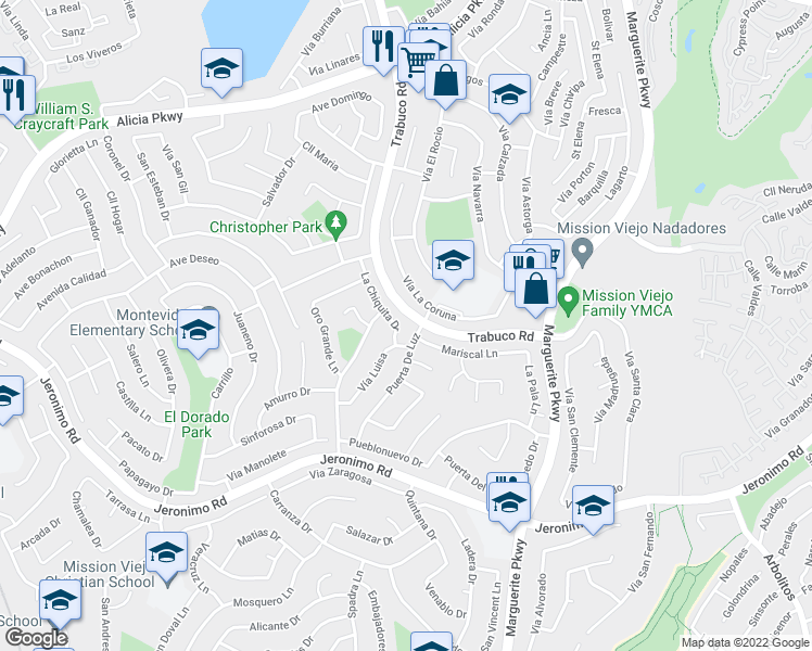 map of restaurants, bars, coffee shops, grocery stores, and more near 24058 La Chiquita Drive in Mission Viejo