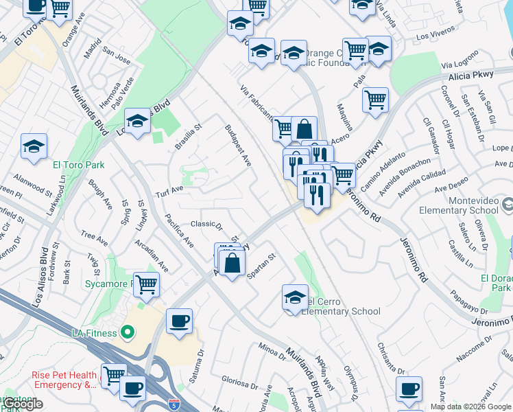map of restaurants, bars, coffee shops, grocery stores, and more near 25581 Adriana Street in Mission Viejo