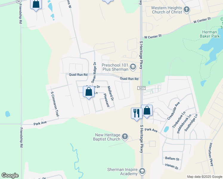 map of restaurants, bars, coffee shops, grocery stores, and more near 1215 Mallard Dr in Sherman
