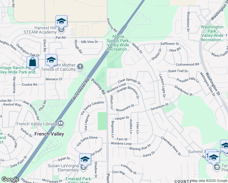 map of restaurants, bars, coffee shops, grocery stores, and more near 32044 Orange Blossom Drive in Winchester