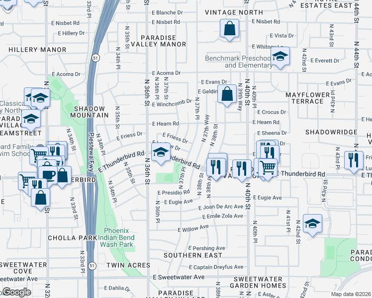 map of restaurants, bars, coffee shops, grocery stores, and more near 3647 East Ludlow Drive in Phoenix