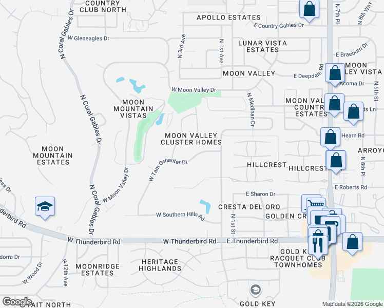 map of restaurants, bars, coffee shops, grocery stores, and more near 114 West Tam Oshanter Drive in Phoenix