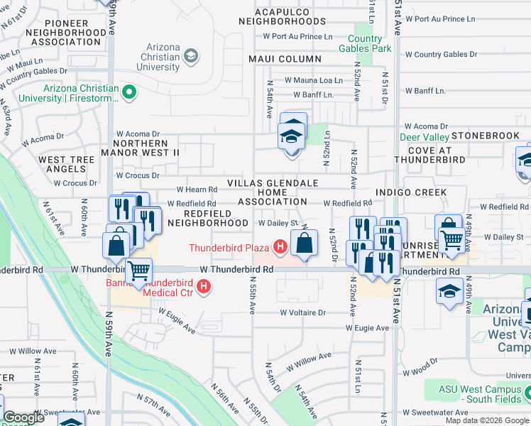 map of restaurants, bars, coffee shops, grocery stores, and more near 14012 North 54th Avenue in Glendale