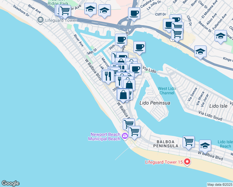 map of restaurants, bars, coffee shops, grocery stores, and more near 126 30th Street in Newport Beach