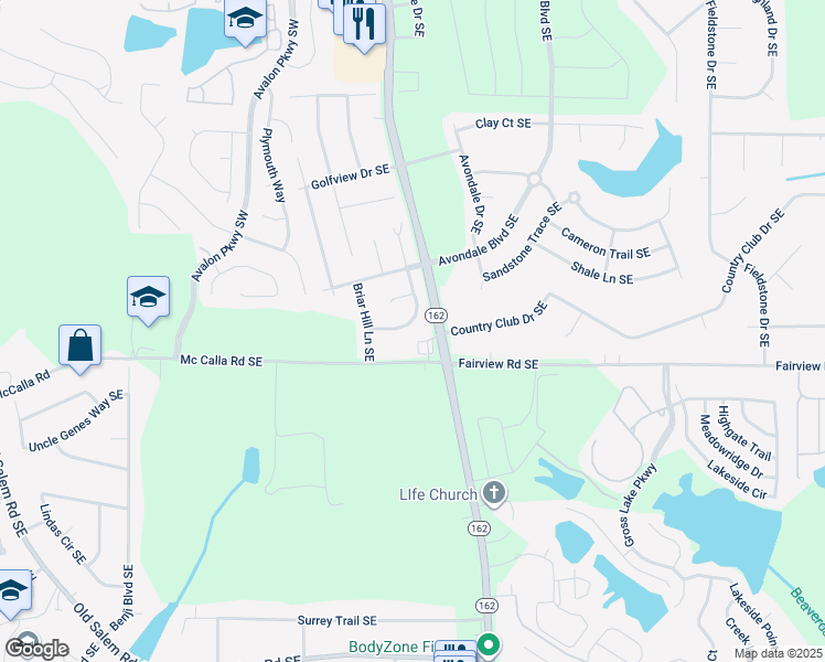 map of restaurants, bars, coffee shops, grocery stores, and more near 2129 Hickory Bend Southeast in Conyers