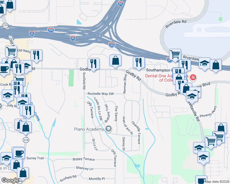 map of restaurants, bars, coffee shops, grocery stores, and more near 2131 Rochelle Way in College Park