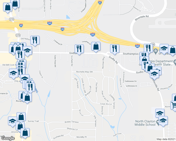 map of restaurants, bars, coffee shops, grocery stores, and more near 2171 Rochelle Way Southwest in Atlanta