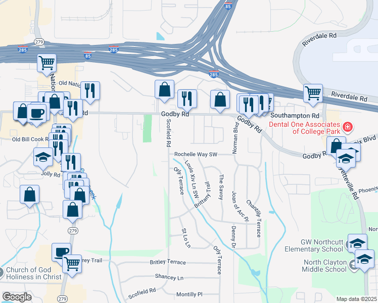 map of restaurants, bars, coffee shops, grocery stores, and more near 2215 Rochelle Way Southwest in Atlanta