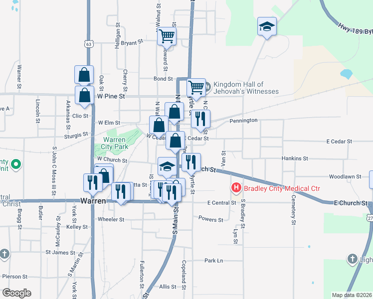 map of restaurants, bars, coffee shops, grocery stores, and more near 211 South Main Street in Warren