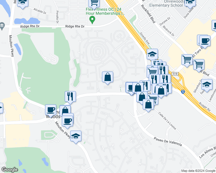 map of restaurants, bars, coffee shops, grocery stores, and more near 2022 Via Mariposa East in Laguna Woods